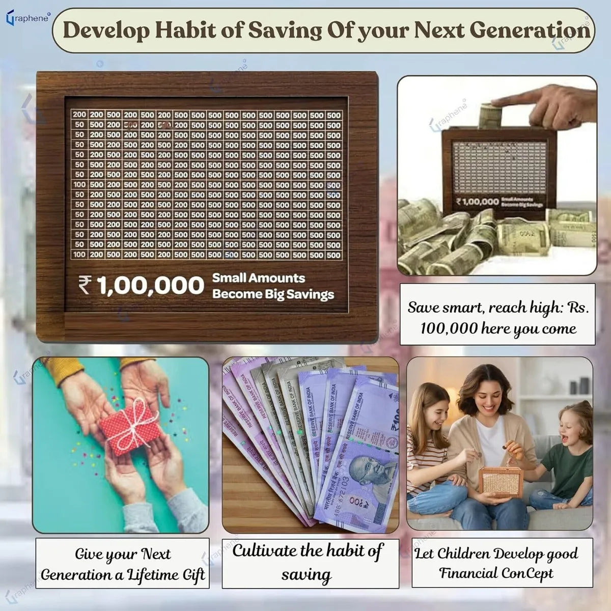 Wooden daily savings bank with chart for Rs 100000