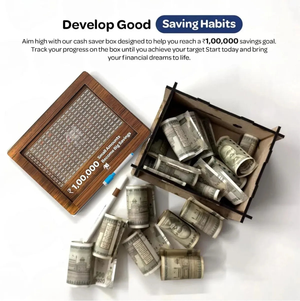 Wooden daily savings bank with chart for Rs 100000