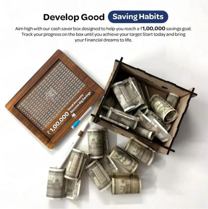 Wooden daily savings bank with chart for Rs 100000