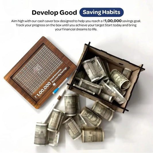 Wooden daily savings bank with chart for Rs 100000