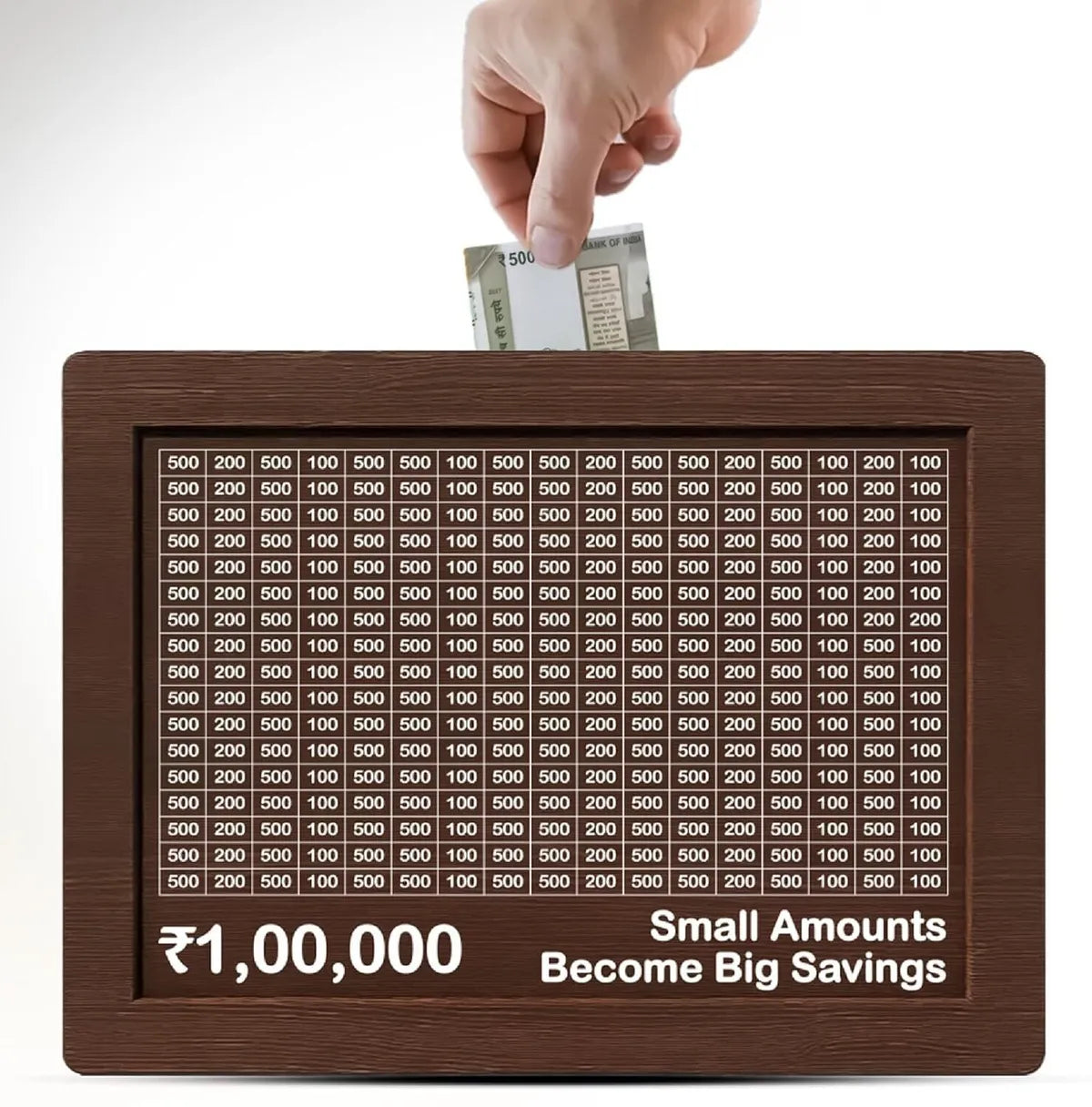 Wooden daily savings bank with chart for Rs 100000