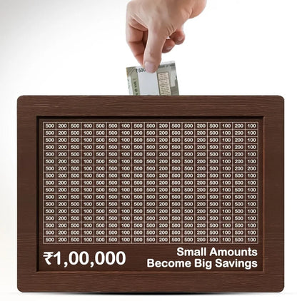 Wooden daily savings bank with chart for Rs 100000