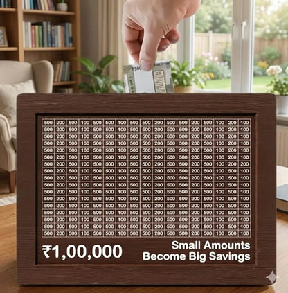 Wooden daily savings bank with chart for Rs 100000