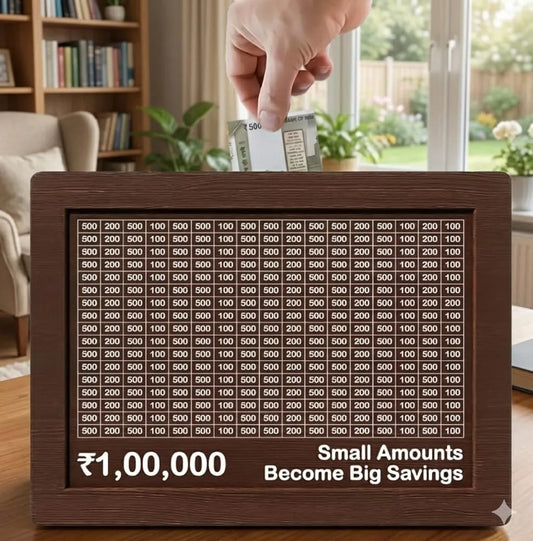 Wooden daily savings bank with chart for Rs 100000
