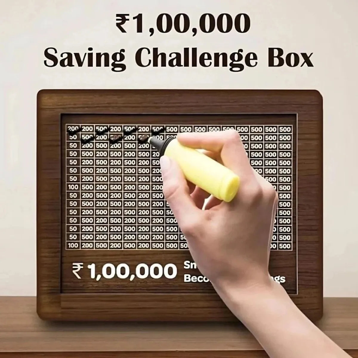 Wooden daily savings bank with chart for Rs 100000