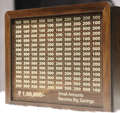 Wooden daily savings bank with chart for Rs 100000